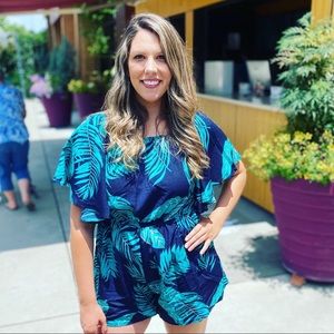 Shein Tropical Print Navy Romper off Sleeve XL